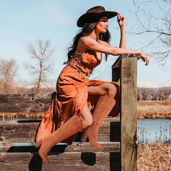 🆕Women Brown Knee High Pointed Toe Chunky High Heels Pull-on Embroidered Boots - Picture 7 of 9